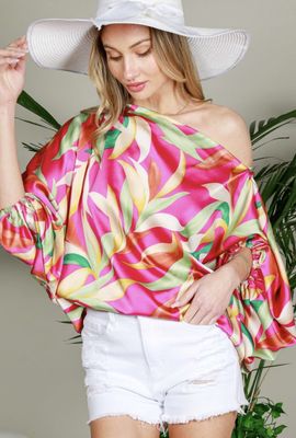 Tropical Print Satin Top Pink &amp; Sage