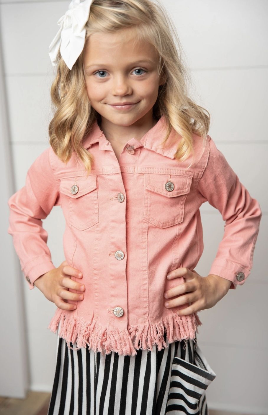 Kids Pink Denim Fringe Button Jacket