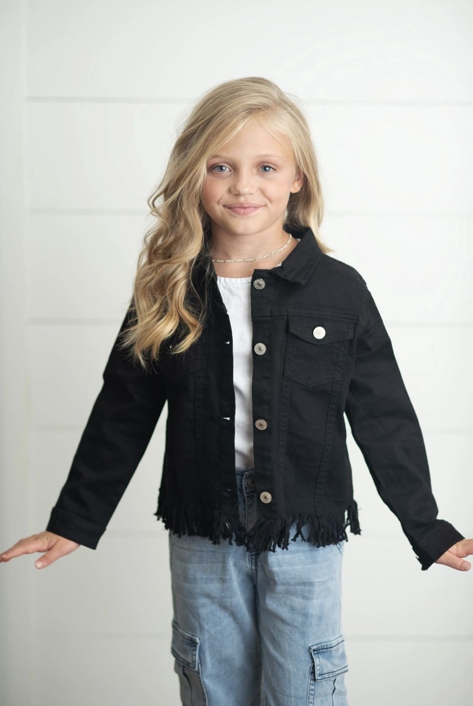 Kids Black Denim Fringe  Button Jacket