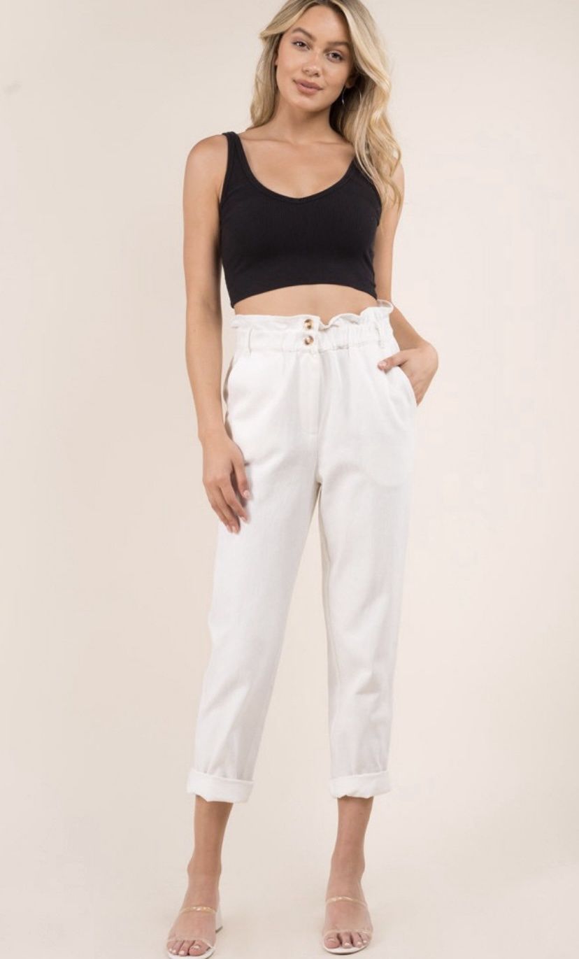 Paperbag Ruffle Waist Ivory Pants
