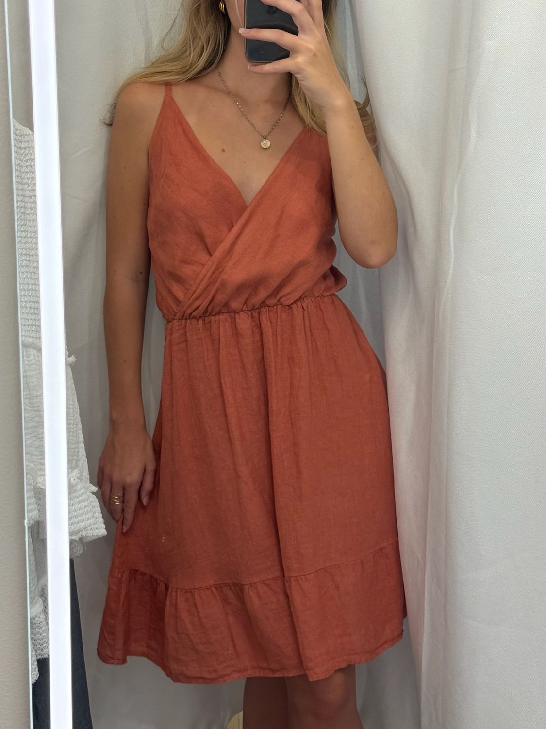 Short V Neck Ruffle Linen Dress O/S