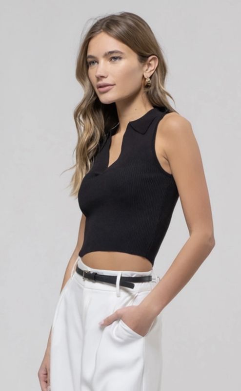 Collared Sleeveless Knit Crop Top