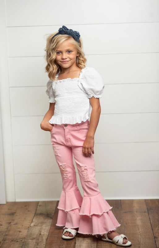 Kids Light Pink Double Ruffle Jeans