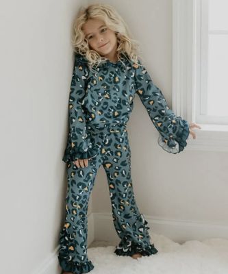 kids Blue Leopard Print Hooded Lounge Set