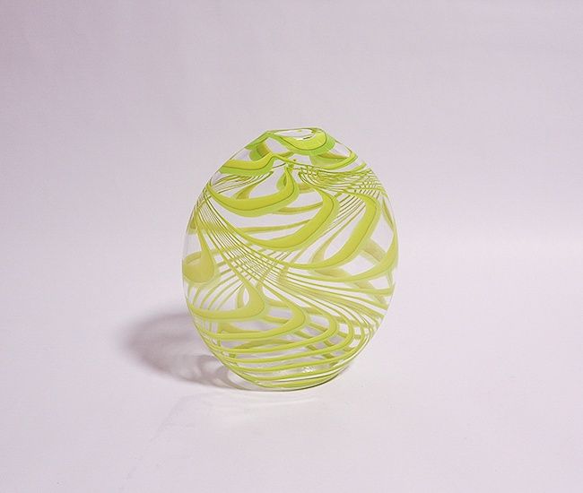 Flattened Spiral vase, green &amp; Yellow, Tony Cray