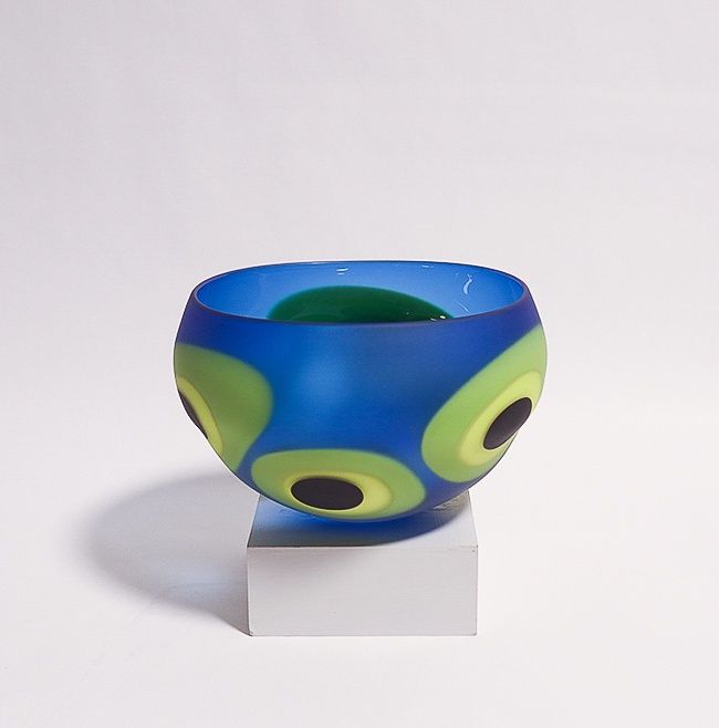 Large Spotted Bowl, blue, lime, yellow, black, Tony Cray