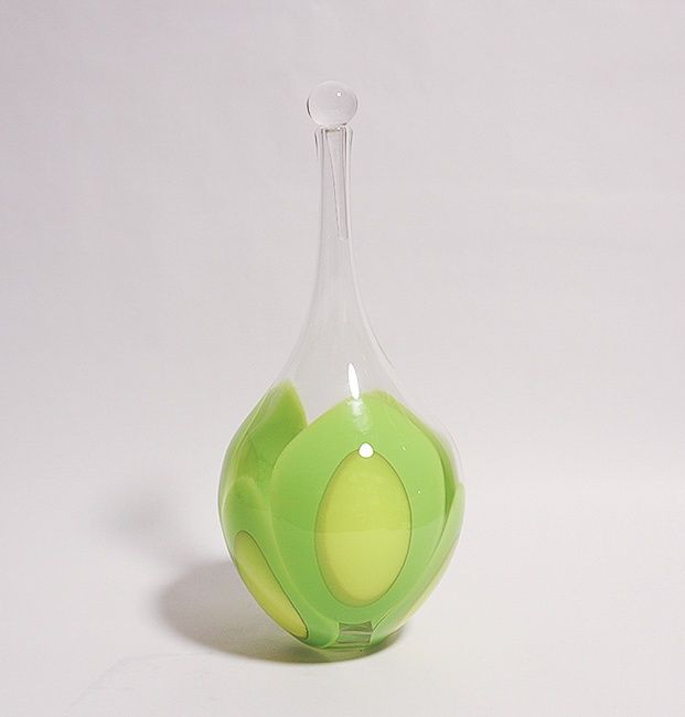 Small bulbous spotted bottle w/ Lime &amp; Yellow, Tony Cray