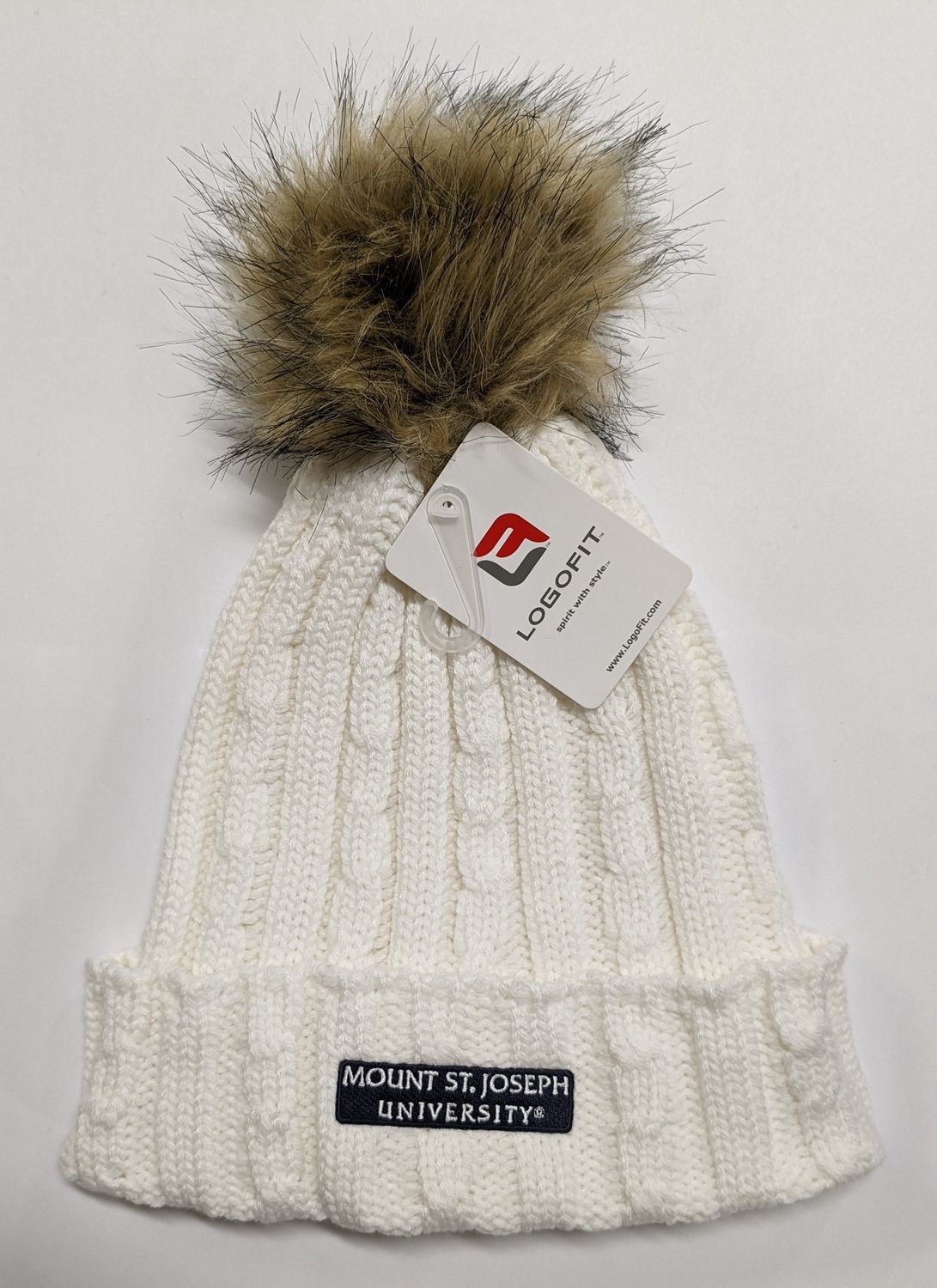 Knit Hat Beanie with Faux Fur Pom, Color: White