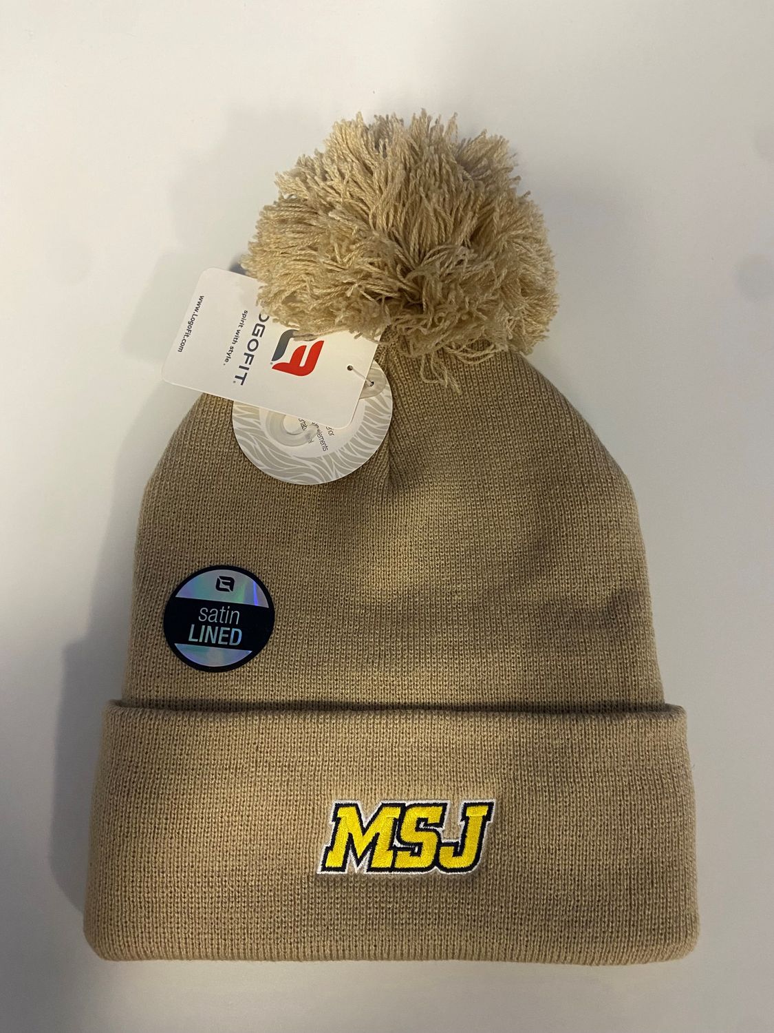 Satin Lined Knit Cuff Hat w/ Pom Tan