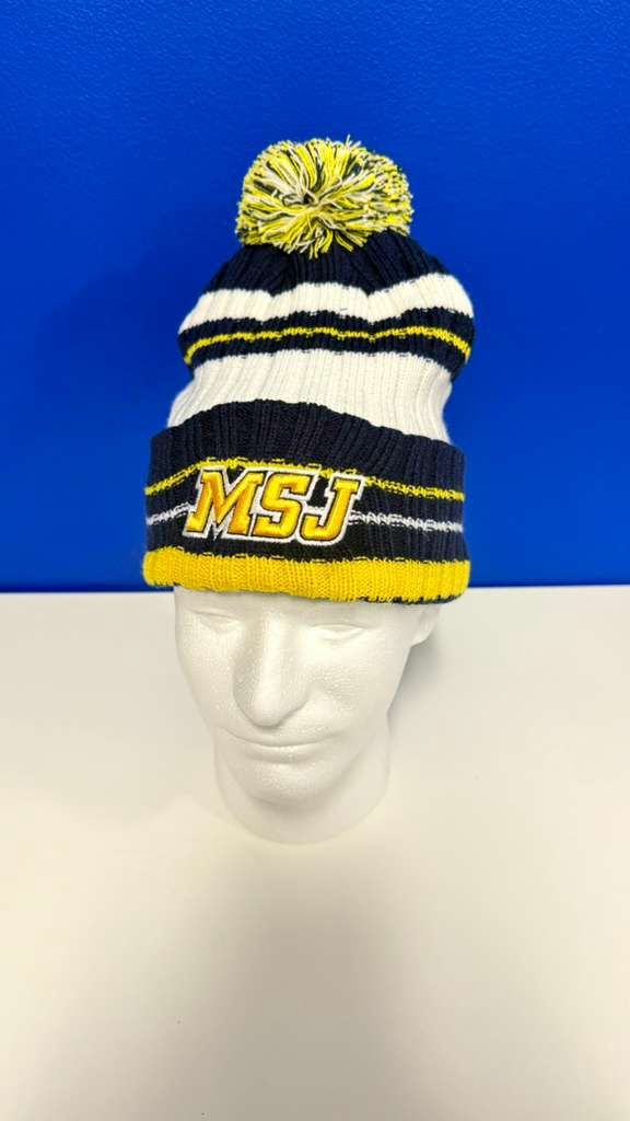 Micro Stripe Knit Beanie w/ Cuff and Pom White Navy Gold