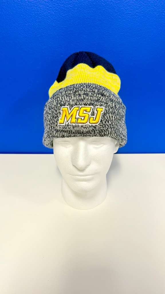 Heather Knit Beanie w/ Cuff Navy Gold and Gray