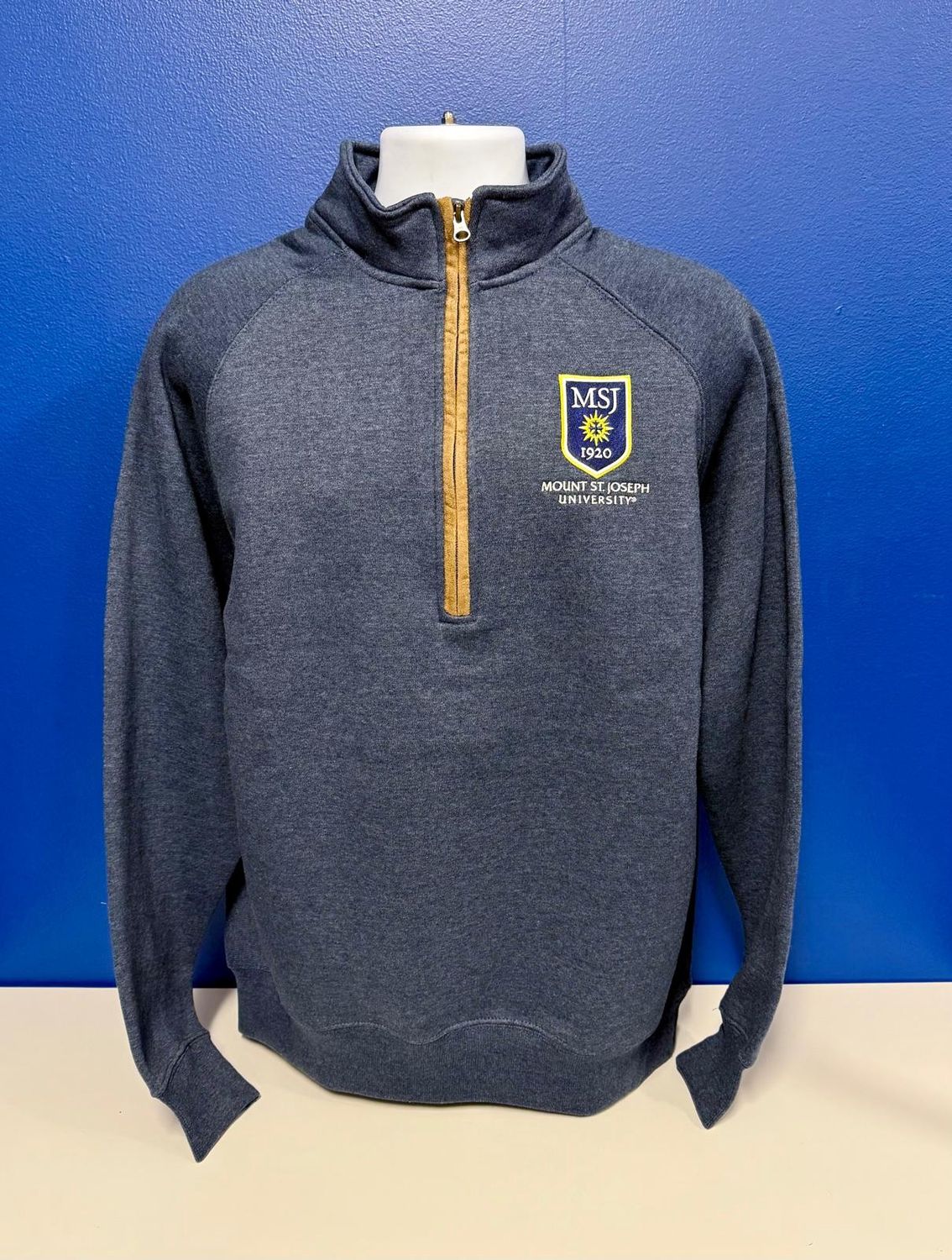 Marlow 1/2 Zip Heather Navy Mount St. Joseph University Shield Logo
