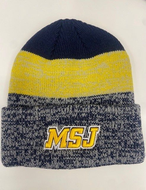 Heather Knit Beanie w/ Cuff Navy Gold and Gray