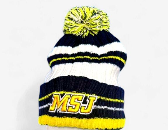Micro Stripe Knit Beanie w/ Cuff and Pom White Navy Gold