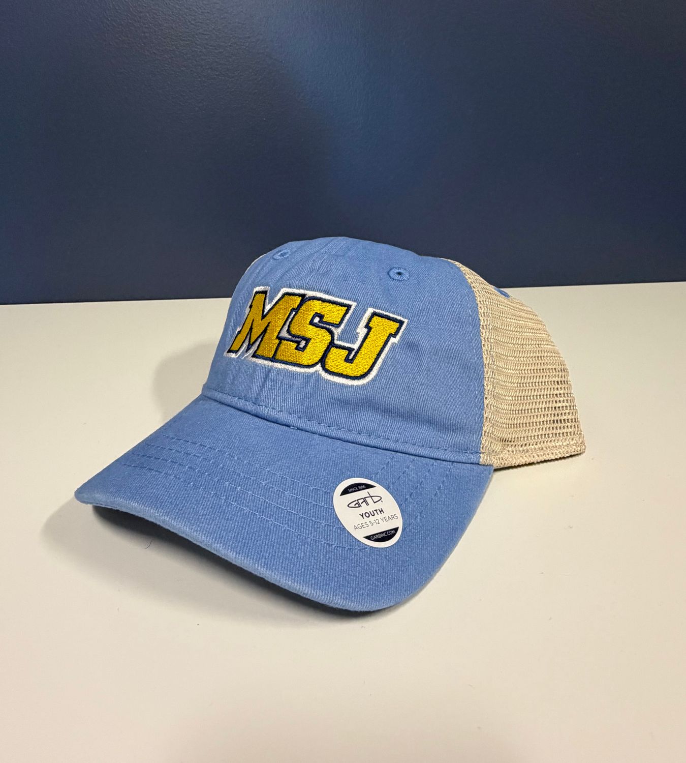 Youth Trucker Hat Light Blue MSJ Sport Logo