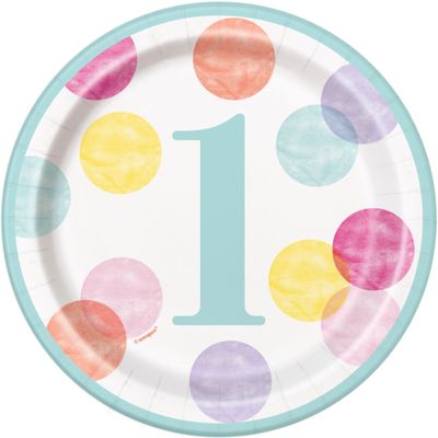 1st Birthday Pink Dots  7&quot; Dessert Plates 8ct