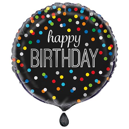Black Rainbow Dot Happy Bday - 18&quot; Helium Filled Foil Balloon