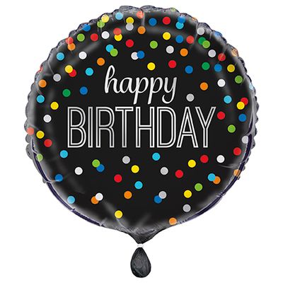 Black Rainbow Dot Happy Bday - 18&quot; Helium Filled Foil Balloon