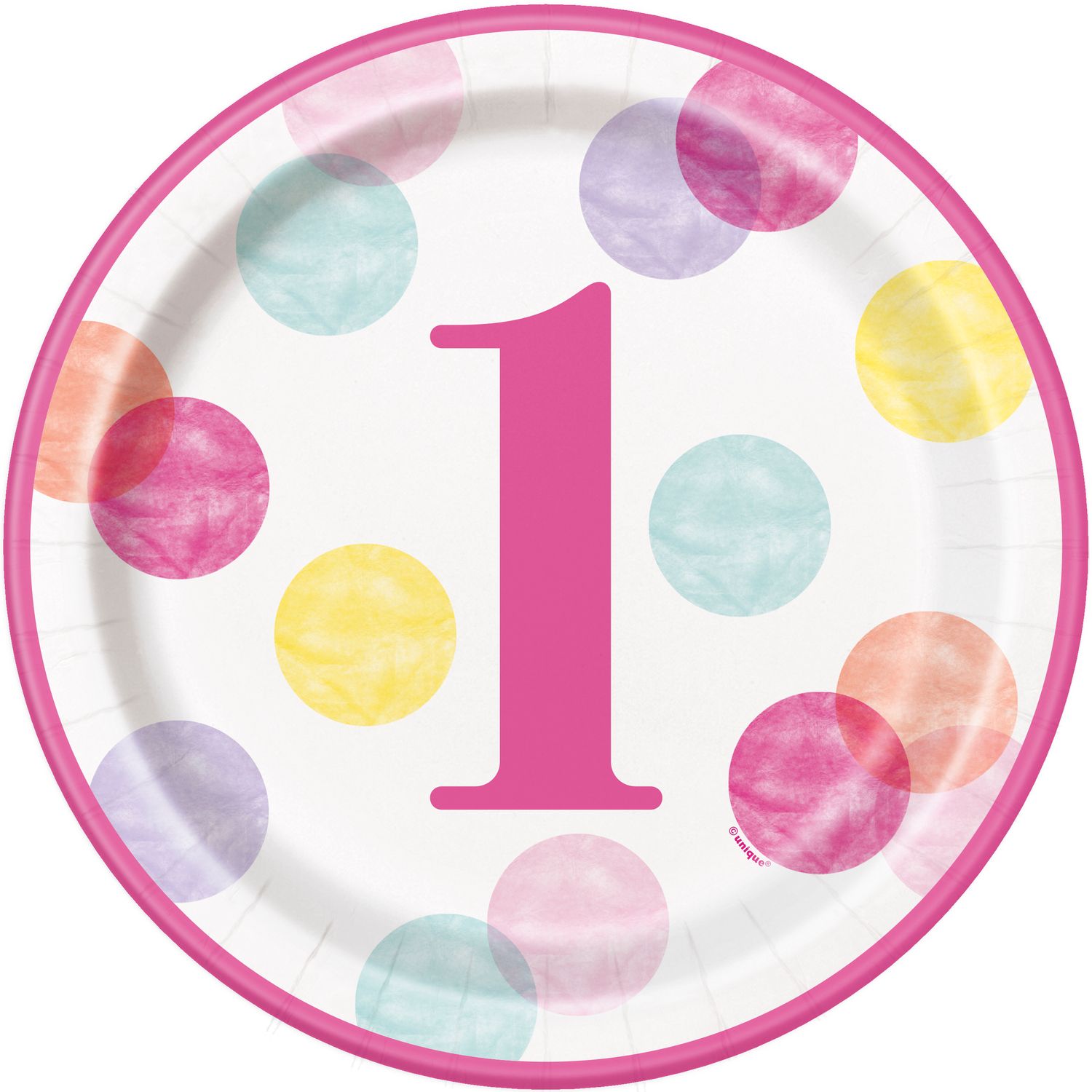 1st Birthday Pink Dots  9&quot; Luncheon Plates 8ct