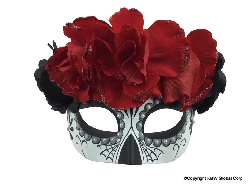 Day Of The Dead Half Mask w/Flowers