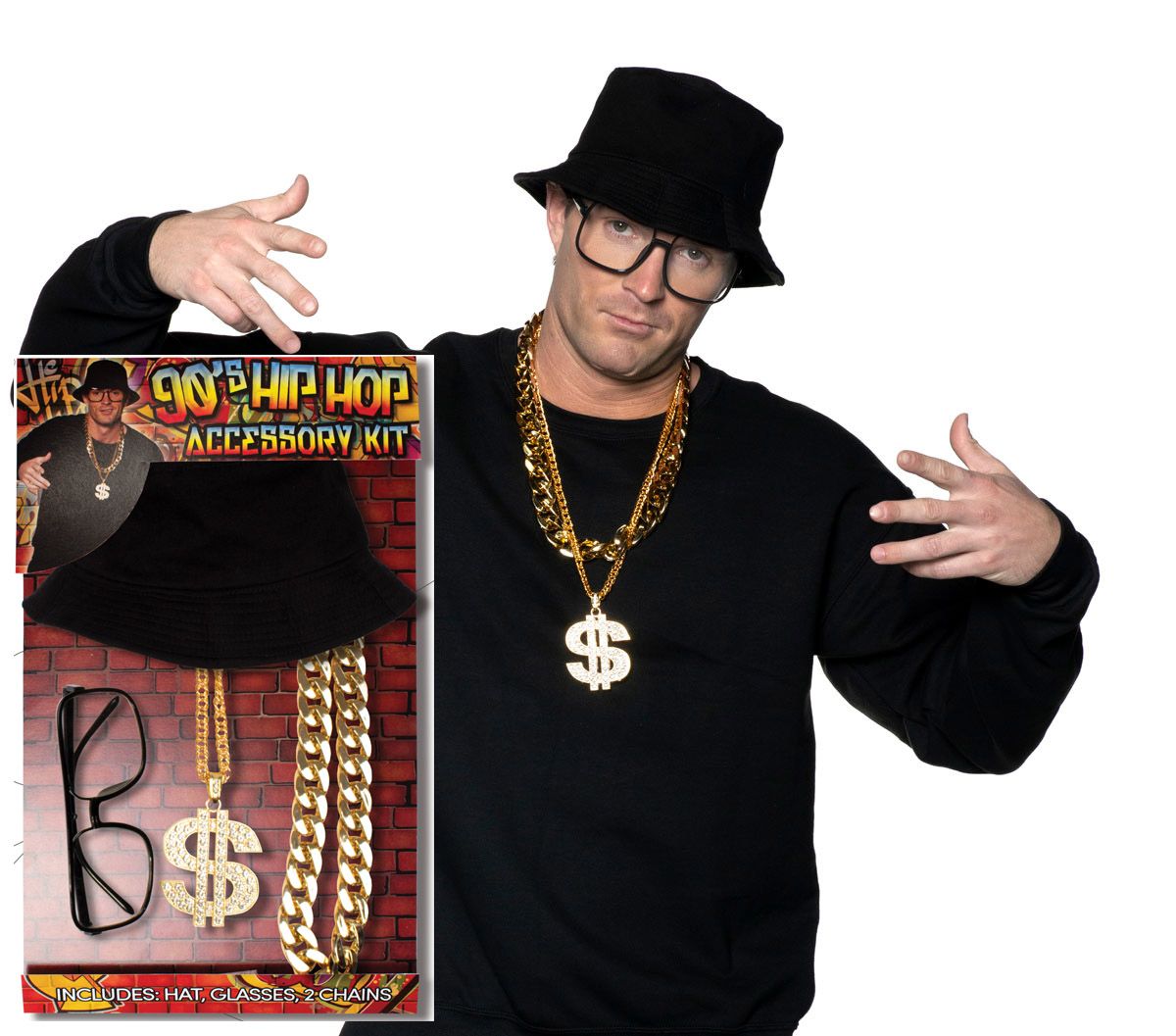 90&#39;s Hip Hop Kit - Hat, Glasses, 2 Chains