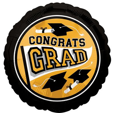 Congats Grad Gold School Colors - 18&quot; Helium Filled Foil Balloon, Ribbon