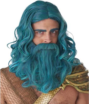 Ocean King Wig &amp; Beard Set Blue/Green