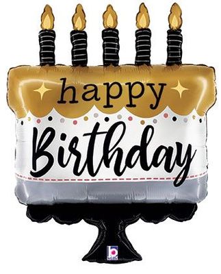 Satin Metallic Birthday Cake GD/SL/BK - 28&quot; Helium Filled Foil Balloon, Ribbon