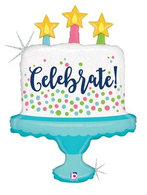 Celebrate Cake Holographic  - 33&quot; Helium Filled Foil Balloon, Ribbon