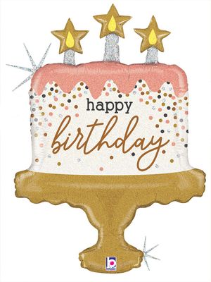 Birthday Cake Confetti Holographic RS/GD - 33&quot; Helium Filled Foil Balloon, Ribbon