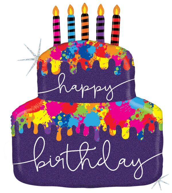 Paint Splatter Birthday Cake - 30&quot; Helium Filled Foil Balloon, Ribbon