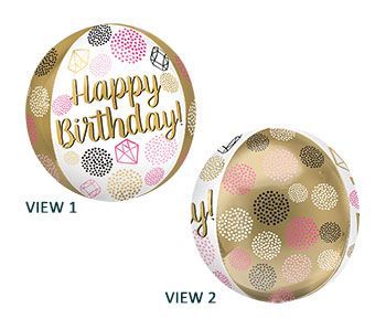 Happy Birthday Gems Orbz - 15&quot; Helium Filled Foil Balloon, Ribbon