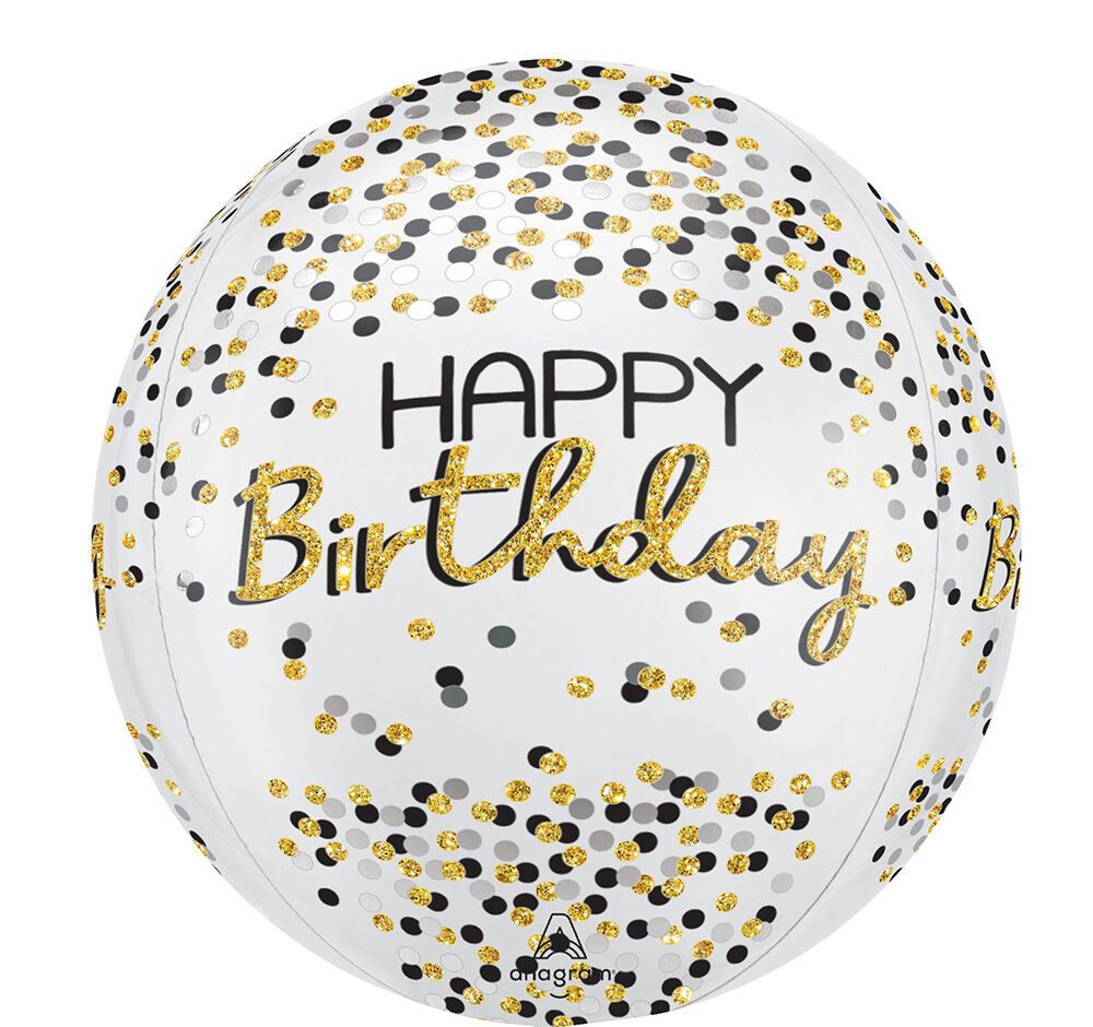 Black Silver Gold Birthday Orbz - 15&quot; Helium Filled Foil Balloon, Ribbon