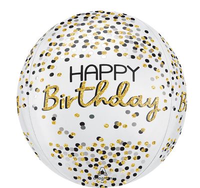 Black Silver Gold Birthday Orbz - 15&quot; Helium Filled Foil Balloon, Ribbon