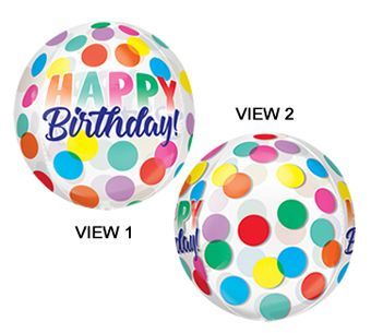 Happy Birthday Big Dots Orbz - 15&quot; Helium Filled Foil Balloon, Ribbon