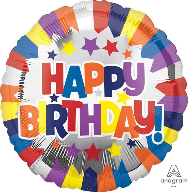 Birthday Silver Burst - 17&quot; Helium Filled Foil Balloon, Ribbon