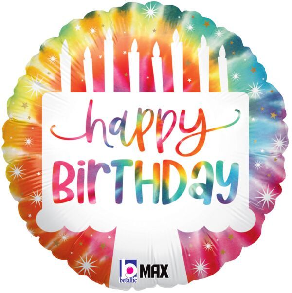 Tie Dye Cake Birthday - 18&quot; Helium Filled Foil Balloon, Ribbon