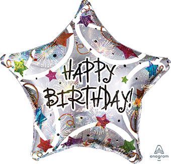 Happy Birthday Stars Holographic - 19&quot; Helium Filled Foil Balloon, Ribbon