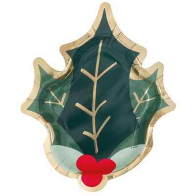 Holly Days - Foil Stamp 8&quot; Holly Shaped Plate 8 Ct