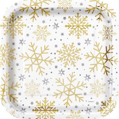 Holiday Snowflakes - Foil Stamp Square 9&quot; Dinner Plate 8 Ct