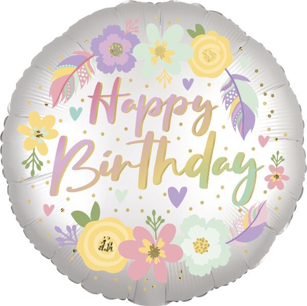 HB Boho Satin Flowers - 18&quot; Helium Filled Foil Balloon, Ribbon