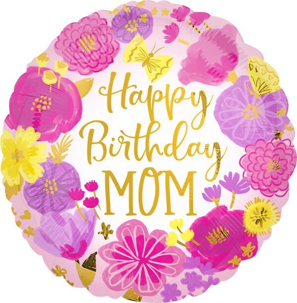 HB Mom Painted Flowers - 17&quot; Helium Filled Foil Balloon, Ribbon