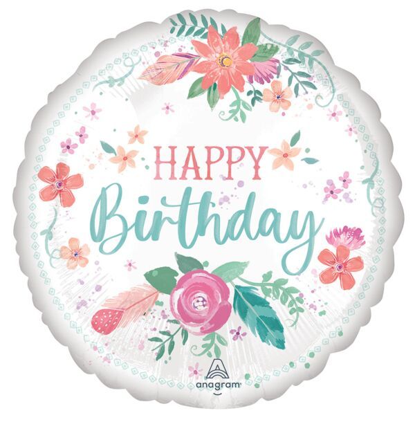 Happy Birthday Floral - 17&quot; Helium Filled Foil Balloon, Ribbon