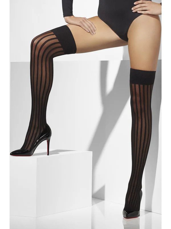 Sheer Hold-Up Tights Black With Vertical Stripes