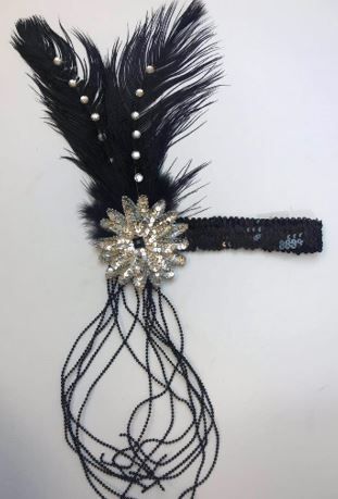 Flapper Sequin Headband Feathers &amp; Beads Black