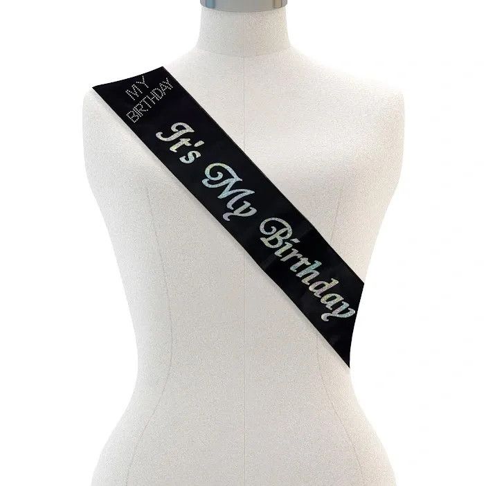 Its My Birthday Sash - Black, Silver Stones, Halographic