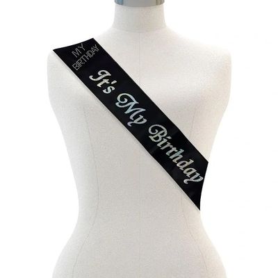 Its My Birthday Sash - Black, Silver Stones, Halographic