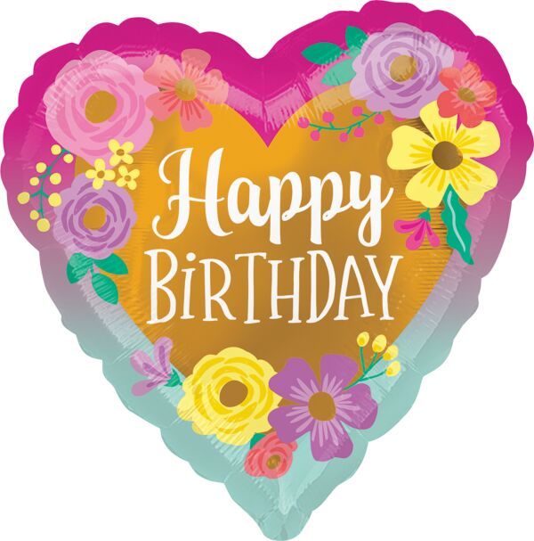 Happy Birthday Painted Flowers - 17&quot; Helium Filled Foil Balloon, Ribbon