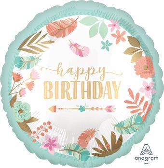 HB Boho Birthday Satin Luxe - 18&quot; Helium Filled Foil Balloon, Ribbon