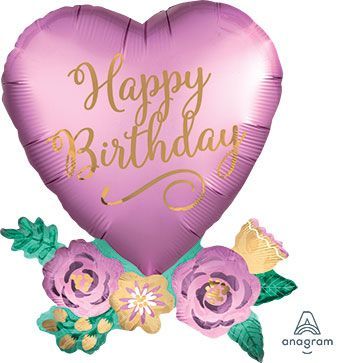 Birthday Satin Heart - 23&quot; Helium Filled Foil Balloon, Ribbon